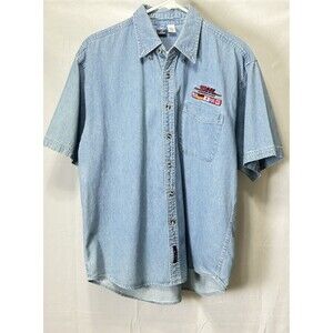 DHL Unisex L‎ Embroidered Short Sleeve Blue Jean Denim Button Down Top